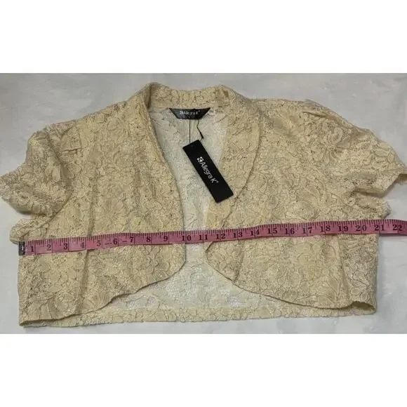 Allegra K Beige Floral Lace Lapel Collar Short Sleeve Bolero Shrug Cardigan L - Picture 4 of 8